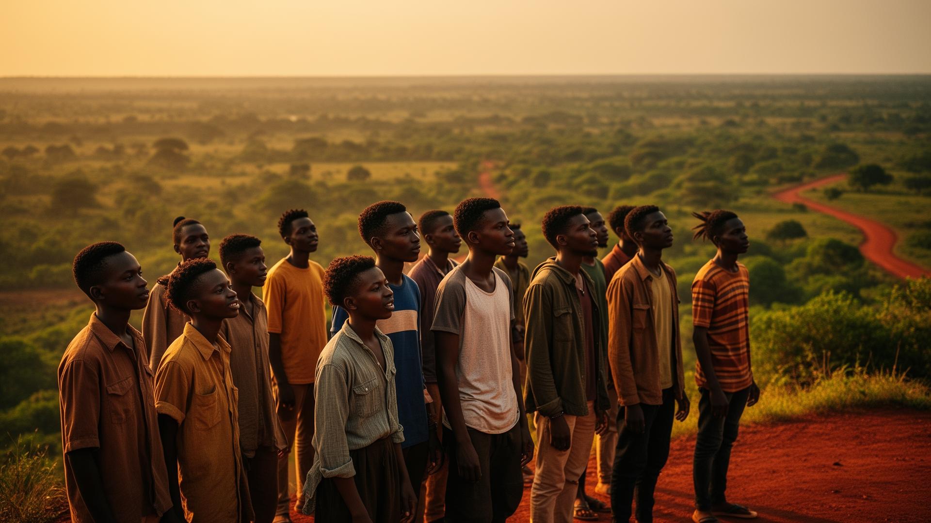 Young Sierra Leoneans on a hilltop at golden hour
